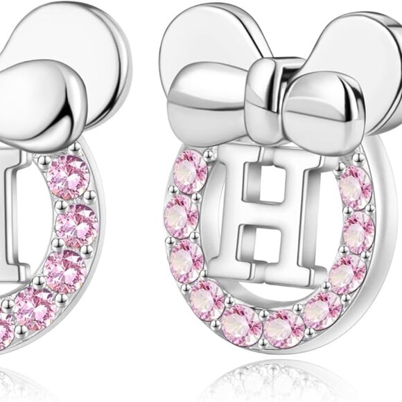 Pink Cubic Zirconia Sterling Silver Initial Stud Earrings for Girls - Picture 1 of 7